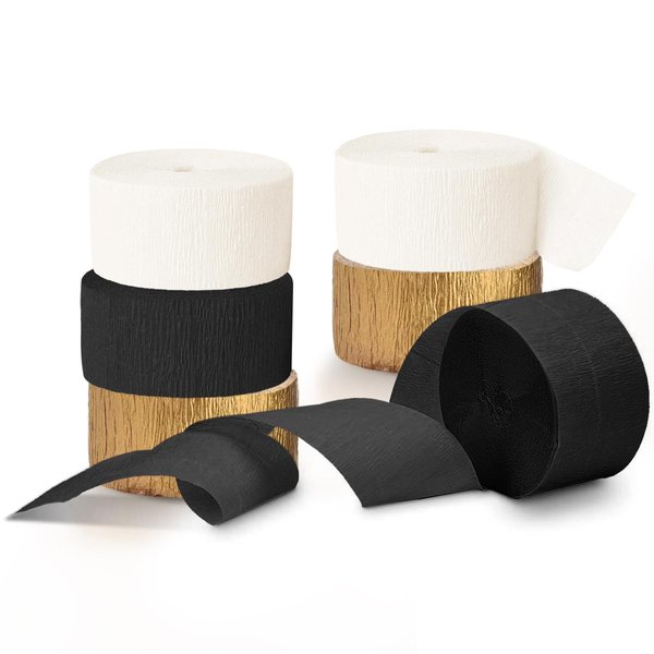 NICROHOME EUR Black and Gold Party Decorations, 6 Rolls Ivory White Gold Black Crepe Paper Streamers for New Years Eve Party Supplies 2025, Wedding, Baby Bridal Shower, Graduation, Birthday, 82Ft Long