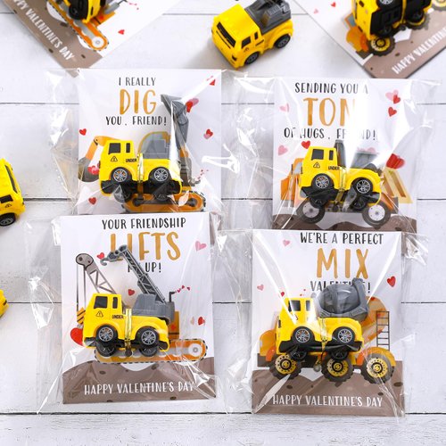 Buttools Valentines Day Gifts for Kids-24 Pack Valentines Cards with Construction Vehicles Toys Car for Kids Classroom Exchange Cards for Toddlers Girls Boys School Party Favors