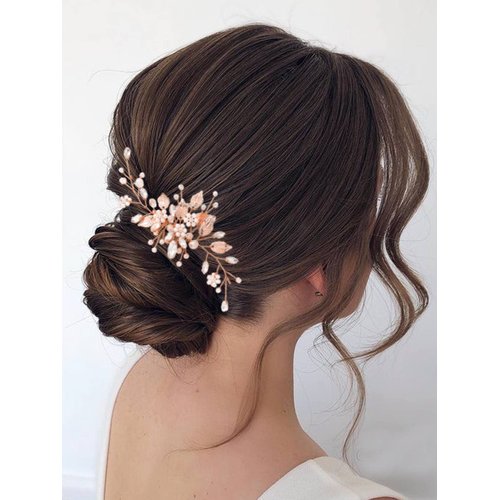 Heread Leaf Bride Wedding Hair Comb Crystal Bridal Hair Accessories Pearl Hair Piece for Women and Girls (B Rose Gold)