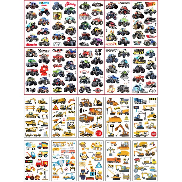 Monster Truck Temporary Tattoos Construction Trucks 180Pcs (20 sheets) Vehicle Digger Bulldozer for Kids Boys&Girls Birthday Party Cool Supplies Favors Fake Tattoos Prize Gifts for School Classroom