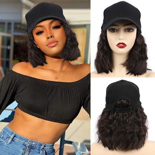 CHRSHN Hat Wig for Women, Short Wave Baseball Cap Wig with Curly Synthetic Hair Extensions, Adjustable Brown Black Baseball Hat Wig