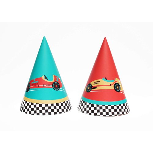 Vintage Race Car Party Hats | 12 Pack | Boys Party Hats | Children Car Birthday Party | Red and Teal | Transportation Party Supply
