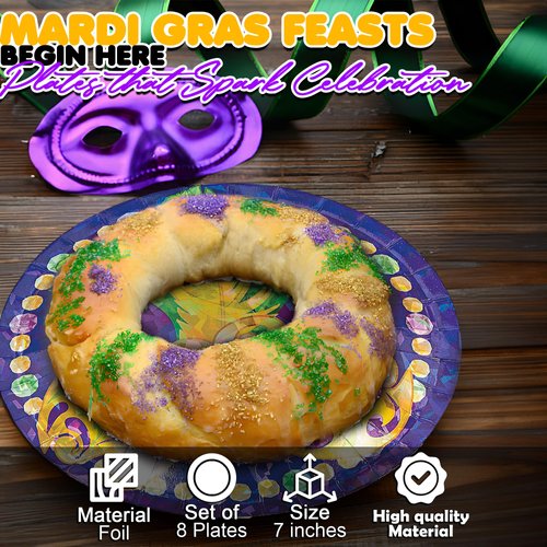 Fun Express - Prismatic Mardi Gras Dessert Plates for Mardi Gras - Party Supplies - Print Tableware - Print Plates & Bowls - Mardi Gras - 8 Pieces