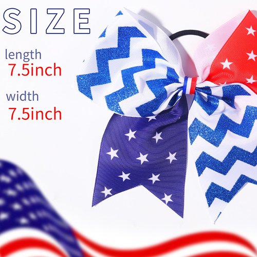 2PCS 4th of July Glitter Ribbon Cheer Hair Bows 8 Inch Patriotic Cheer Hair Bow Ties with Elastic Stars and Stripes Hair Tie Band Ponytail Holder Independence Day Hair Accessories for Kids