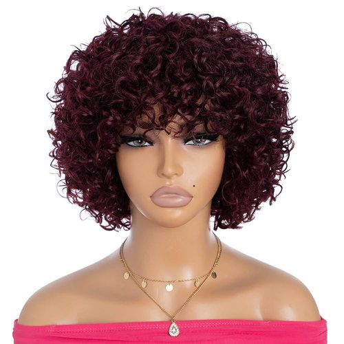 Rebecca Fashion 8 Inch Burgundy Short Curly Wigs with Bangs Human Hair Curly Wigs for Black Women 10A Brazilian Virgin Human Hair 150% Density Wear and Go Glueless Wigs