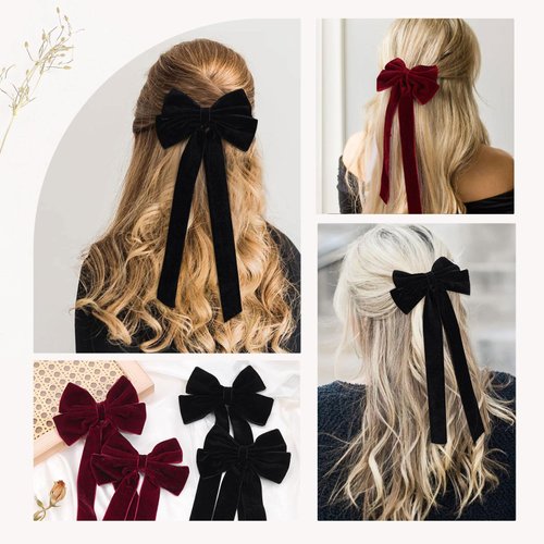 Velvet Hair Bows with Alligator Clips - 4 PCS Hair Accessories for Women, Girls, Teens, and Toddlers - Burgundy and Black Bows