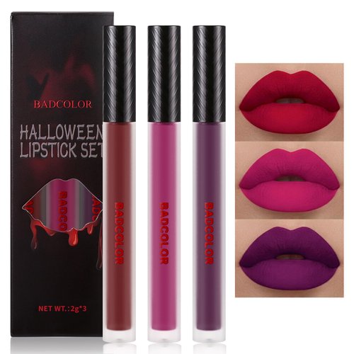 BADCOLOR 3 Colors Matte Liquid Lipstick Set, Purple Burgundy Rose Red Halloween Makeup, High Impact Long Lasting Lip Stain Velvet Nonstick Cup Smudge Proof & Waterproof Lip Gloss Set