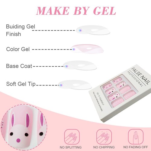 24Pcs Easter Press on Nails Medium Acrylic Easter Egg Bunny Fake Nails Cream Pink Square False Nails for Craft DIY Rabbit Decor Artificial Manicure Supplies Kit Home Tips Salon Accessories for Women