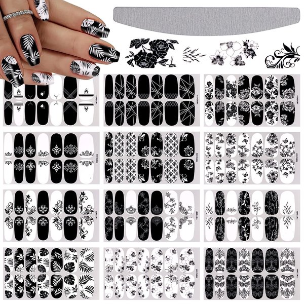 EBANKU 12 Sheets Black White Full Wraps Nail Stickers, Flower Butterfly Retro Pattern Decals French Classic Simple Self Adhesive Decals, for Girl Women Nails Art DIY Decoration