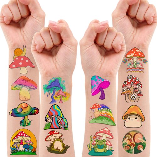 96 PCS Mushroom Temporary Tattoos Mushroom Veggie Theme Birthday Party Decorations Favors Supplies Decor Trippy Cute Stickers Gifts for Boys Girls Kids Class School Prizes Carnival Halloween Christmas