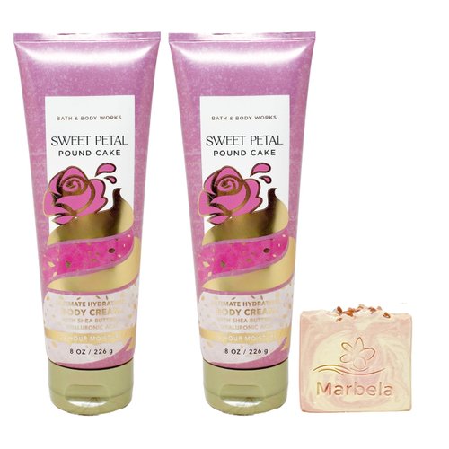 Bath & Body Works Sweet Petal Pound Cake - 2 pack of Body Cream with a Himalayan Salts Springs Bar Soap.