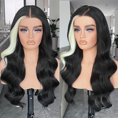 Skunk Stripe Lace Front Wig, 6x5 Wear and Go Glueless Body Wave Synthetic lace front Wigs, 26Inch Pre Plucked Pre Cut HD Lace Frontal Wig With Hair (Skunk Stripe, 6x5)