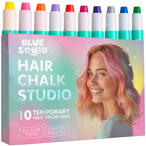 Blue Squid Hair Chalk for Girls Pens – 10 Vibrant Temporary Hair Color for Kids - Ideal Christmas, Birthday Gifts for Girls & Teens - Kid Safe, Washable Hair Dye for Ages 6 7 8 9 10 11 12