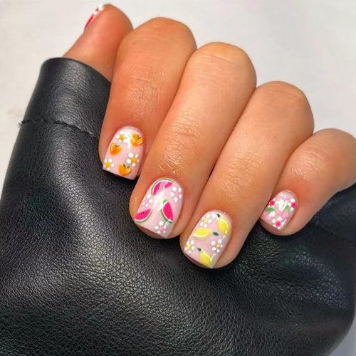 Short Square Press on Nails SWEKKE Fruit Fake Nails Full Cover Floral False Nails with Lemon Watermelon Designs Glossy Glue on Nails Summer Cute Acrylic Nails Artificial Nails for Women Girls 24Pcs