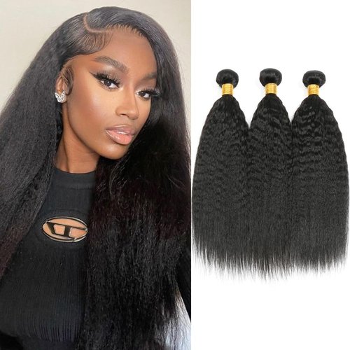 Kinky Straight Bundles 14 16 18 Inch Yaki Straight 3 Bundles Deals 100% Unprocessed Brazilian Virgin Remy Human Hair Extensions 1B Color for Black Women