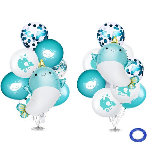 Narwhal Balloons Set, 2 Pieces Narwhal Foil Balloons and 15 Pieces Narwhal Theme Latex Balloons for Kids Ocean Narwhal Birthday Party Decorations Baby Showers