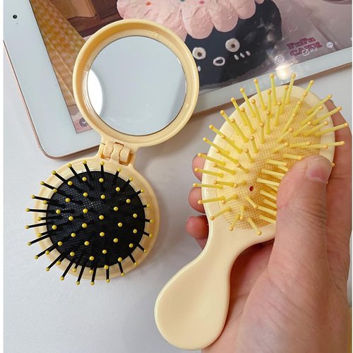 Hofar 2PC Mini Cheese Hair Brush for Purse, Small Portable Pocket Hair Brush with Mirror for Girls, Travel Size, Yellow