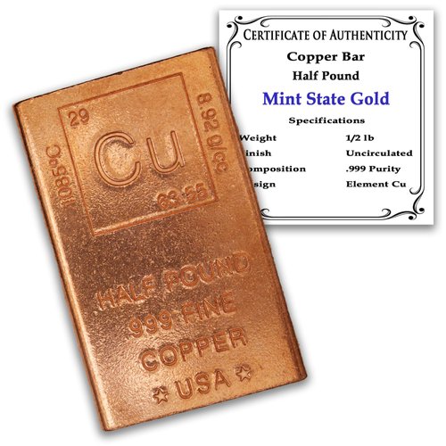 1/2 Pound Copper Bar (Flat Style) .999 Pure Bullion with Periodic Table Element Design (Half Pound) by Mint State Gold