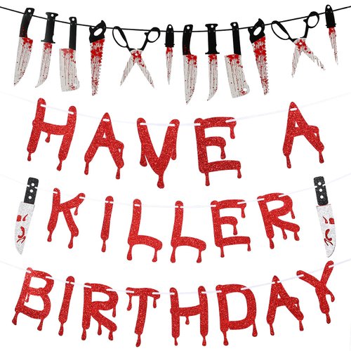 4 Pieces Halloween Vampire Party Decorations Supplies Have A Killer Birthday Banner Halloween Knife Hanging Banner for Halloween Horror Themed Birthday Decorations