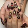 BABALAL Almond Press on Nails Medium Fake Nails Brown Fall Glue on Nails Golden Chrome Baroque Art Acrylic Nails 3d Heart Charm Metallic Ball Design Stiletto Manicure Stick on False Nails
