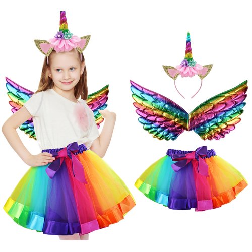 Toddler Fairy-Unicorn-Wings-Costume for Girls 3-9 Y/O Unicorn Gifts Pretend Play Christmas Birthday Party Favors (Rainbow Colors)