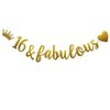 16 & Fabulous Banner, Pre-Strung, Funny Gold Paper Glitter Party Decorations for 16th Birthday Party Supplies, Letters Gold,ABCpartyland