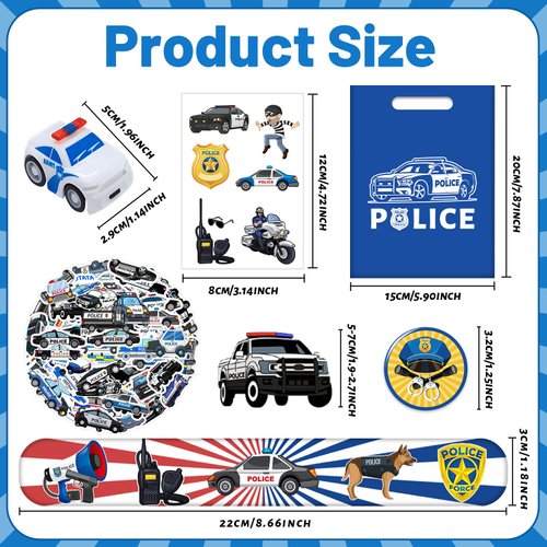 Police Party Favors Kit, Police Party Decorations, 72Pcs Temporary Tattoos, 12Pcs Police Officer Slap Bracelets, 50PCS Police Stickers,12Pcs Mini Police Toy Cars, 12Pcs button badge, 12Pcs Gift Bags