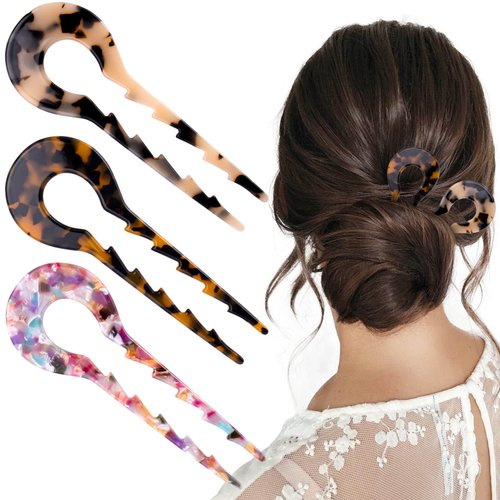 5.1 Inch 3 PCS Acetate French Hair Sticks, PAGOW U Shape French Hair Clipss, Vintage Cellulose Acetate Tortoise Shell Hair Fork Hair Accessories, For Women Girls Long Thick Hair (Sawtooth Design)