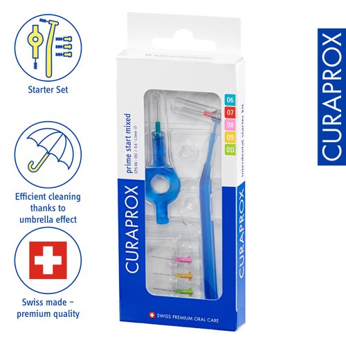 Curaprox Interdental Brushes Prime Start Mixed Set, CPS 06 + CPS 07 + CPS 08 + CPS 09 + CPS 11 + UHS 409 Brush Holder + UHS 470 Brush Holder, Blue