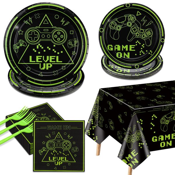 Video Game Party Decorations - 81Pcs Green Gaming Birthday Decorations Includes Game On Plates, Napkins, Tablecloth for Boys Level Up Birthday Decorations Game On Party Supplies, Serve 20