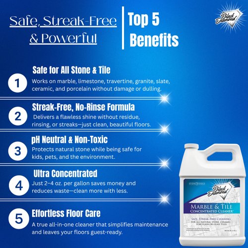 Black Diamond Stoneworks MARBLE & TILE FLOOR CLEANER. Great for Ceramic, Porcelain, Granite, Natural Stone, Vinyl and Brick. No-rinse Concentrate.(1-Gallon)