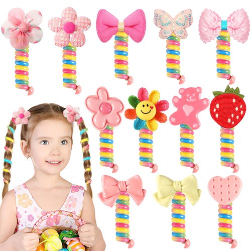 JUNEBRUSHS 12Pcs Spiral Hair Ties for Kids, Colorful Telephone Wire Hair Bands Elastic Braided Telephone Cord Hair Accessories for Little Girls, Ponytail Holders Phone Cord Coil Hair Ties Bulk