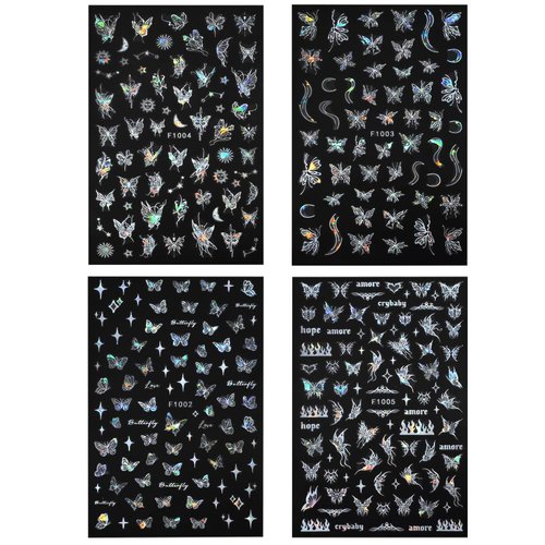 4 Sheets Holographic Laser White Butterfly Nail Stickers,Y2K Luxury Aurora Butterflies Star Nail Art Stickers 3D Sun Moon Flame Heart Nail Decals for Women Nail Decor Nail Designs Nail Accessories