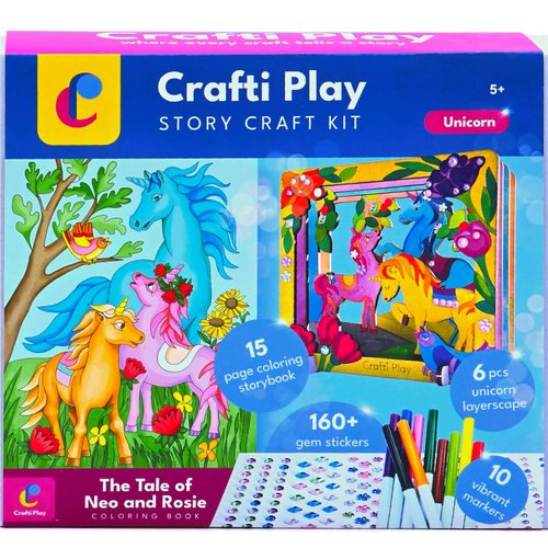 Unicorn Story Craft Kit | Complete Arts & Crafts Set with Story Coloring Book, Gem Stickers, Markers & 3D Unicorn Layerscape | Arts and Crafts For Kids Ages 8-12, 6-8, 5 year old | Best Gift for Girls