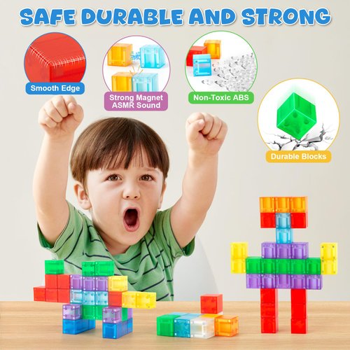 TENYEAH 56 PCS Magnetic Blocks, Transparent Magnet Building Blocks for Toddlers, Preschool Educational Construction Kit, Sensory Montessori Autism Toys for Kids Girls Boys 3+