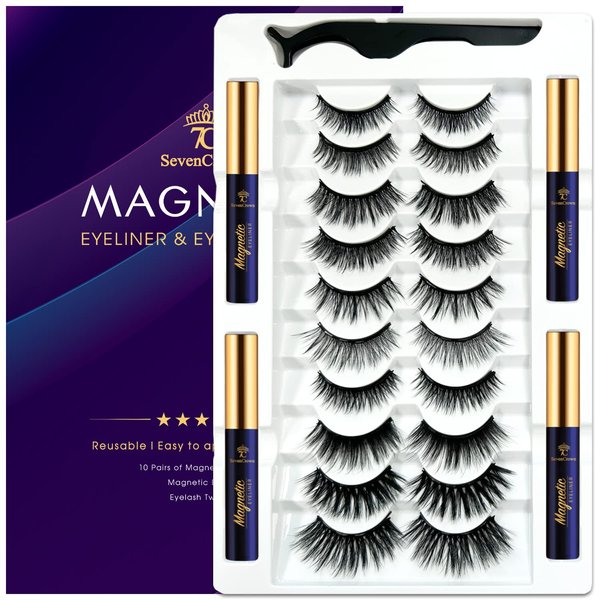 7C SevenCrown Magnetic Eyelashes with Eyeliner, Mix 10 Pairs Round Magnetic Lashes with Applicator,Most Natural Looking,Reusable Fake Eye Lash, Strongest Waterproof Liquid Liner,Cruelty-Free.