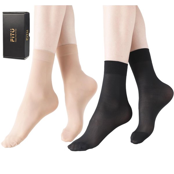 FITU Women's Sheer Socks Nylon Ankle High Tights Hosiery Socks 10 Pairs (with Gift Box) (5 Beige + 5 Black)