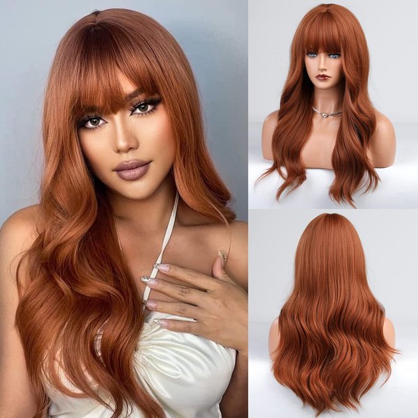 HAIRCUBE Auburn Wig with Bangs Long Curly Orange Wigs for Women,Natural Synthetic Wigs Heat Resistant Fibre Wig for Daily Use (pelucas de cabello natural)