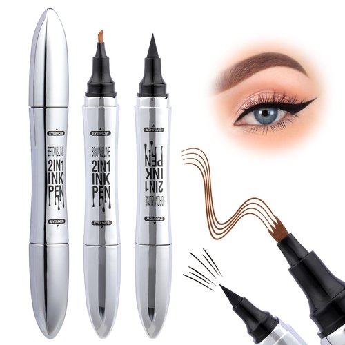Brown Eyebrow Pen Waterproof Eyebrow Pencil Eyebrow Microblading Pen Long-Lasting Natural-looking Eyebrow Pencil 2-IN-1 Eye Brow Pencil for Women With Black Eyeliner Pencil by Pleell (Light Brown)