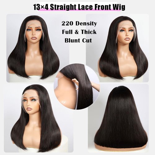 16 Inch Straight Human Hair Wigs 13×4 Straight Lace Front Wigs 220 Density Double Drawn Blunt Cut Long Bob Wig for Black Women Pre Plucked Bleached Knot Brazilian Hair HD Transparent Lace Frontal Wig