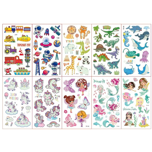 10 Sheets Luminous Tattoos for Kids, Mixed Styles Cartoon Temporary Tattoos Stickers with Mermaid/Butterfly/Unicorn/Dinosaur/Space for Boys and Girls, Glow Party Supplies