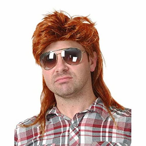 Mullet Wigs for Men, 80S Long Hair Curly Orange Wig 70S Curly Disco Punk Rock Ginger Wig for Halloween Cosplay Christmas Party