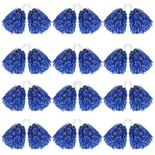 DILIBRA 24Pcs Metallic Cheerleading Pom Poms, Cheerleaders Cheer Pompoms with Baton Handle, Cheering Squad Hand Flower for Adults Team Spirit Sports Game Dancing Party (Blue)