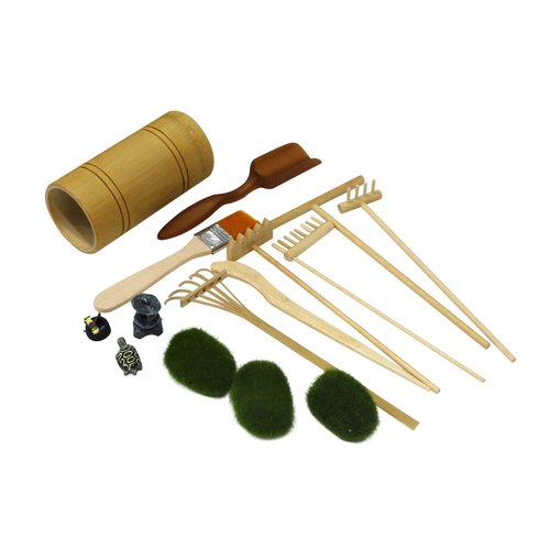 Mini Zen Garden Rake Tool - Tabletop Meditation Rock Sand Garden Kits with Moss Rakes Brusher Spoon Figurines Holder