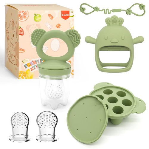 Baby Teething Relief Toys, Baby Fruit/Fresh Food Feeder with Breastmilk Popsicle Molds & Baby Teether Combo Food Grade Silicon for 6M+ Breastmilk Pops, Frozen Fruit(Green)
