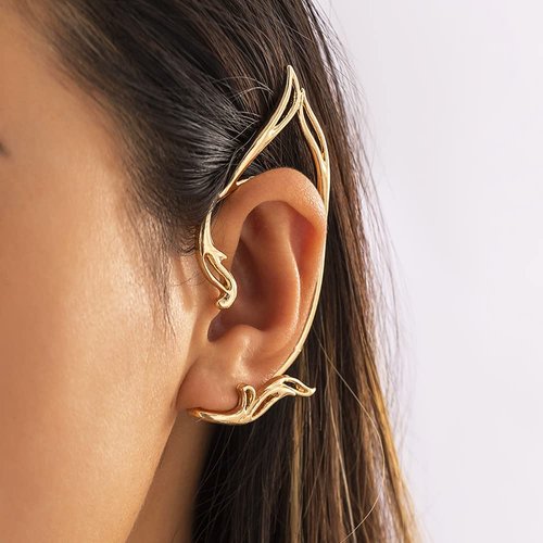 Wiwpar 2PCS Gothic Elves Ear Cuffs Simple Non-Pierced Cosply Cat Ear Wrap Statement Jewely for Halloween Easter Elf Hollow Cartilage Climber Earrings Trendy Retro Punk Elf Clip Earrings for Teen Girls Women（gold)