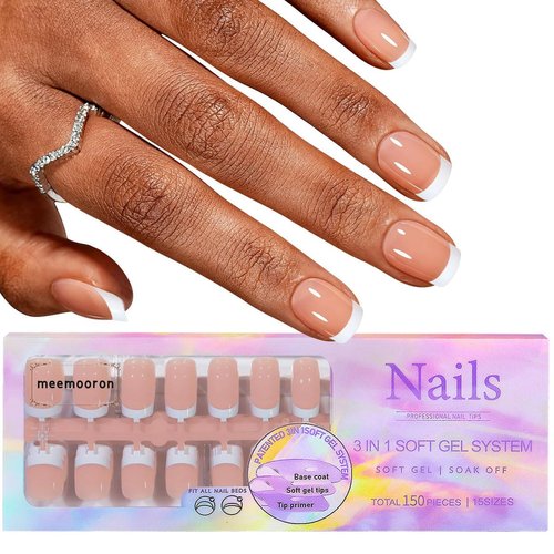 Soft Gel Nail Tips Square Short French Tip Press on Nails 150PCS 15 Sizes Fake Nails Nude Acrylic Nail Tips Kit Glue on Nails X-Coat False Nail Tips for Women