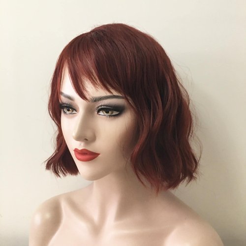 nevermindyrhead Short Wavy Bob Wig with Fringe Bangs,Short Ginger Red Wigs for Women,Heat Resistant Wigs for Daily,Party