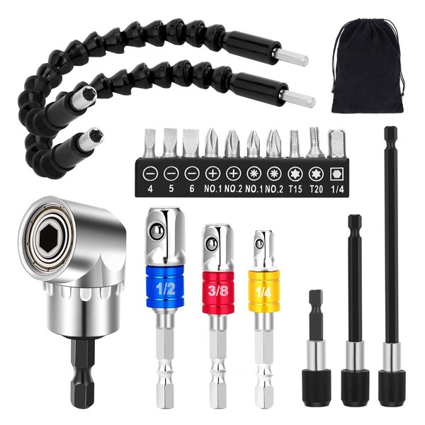 Flexible Drill Bit Extension Set 19pcs Tools, Hex Shank 105° Right Angle Drill Bit Attachment, Bendable, 3pcs 1/4 3/8 1/2" Universal Impact Driver Socket Adapter, Drill Bit Holder, Screwdriver Bit Kit