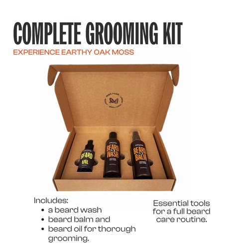 Men Rock Beardy Beloved Soothing Essential Beard Kit - Oak Moss for Men - 3 Pc 3.4oz Soothing Beard Wash - Oak Moss, 3.4oz Soothing Beard Balm - Oak Moss, 1oz Beard Oil - Original